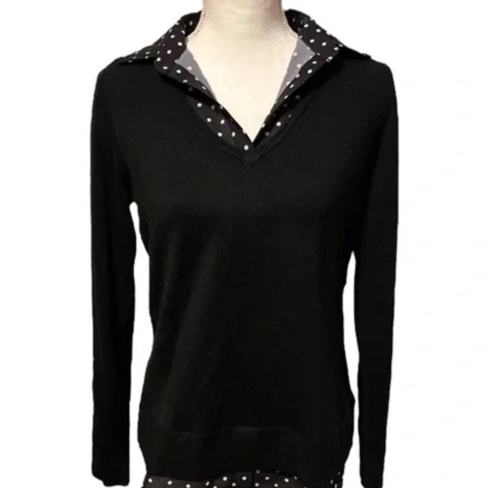 “Croft & Barrow” Black Polka Dot Layered V-Neck Woven Sweater